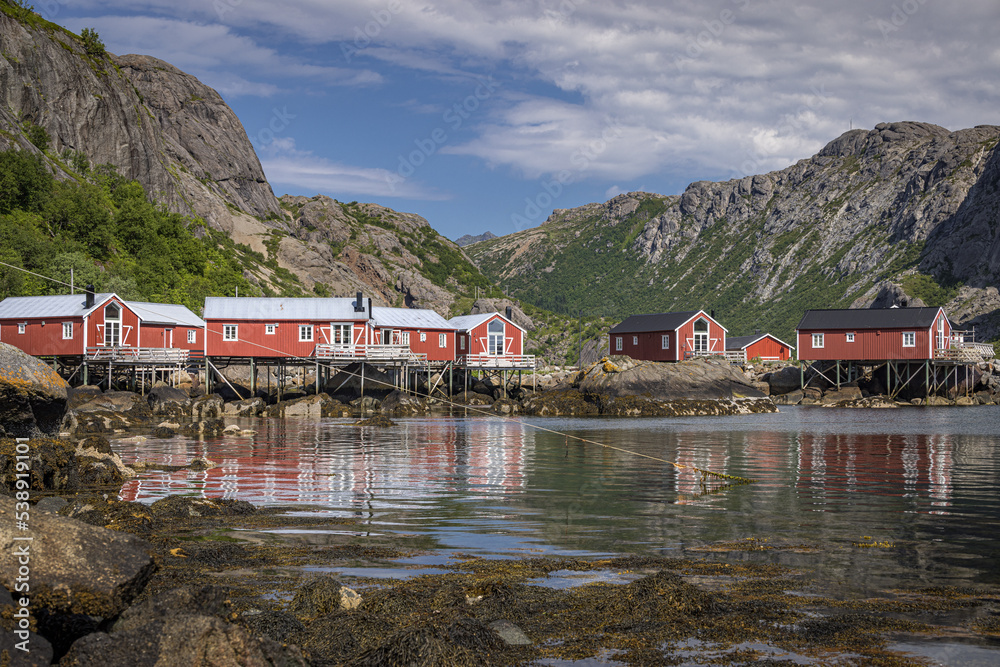 Rorbuers in Nusfjord village by Vestfjorden, Lofoten Islands, Nordland, Norway