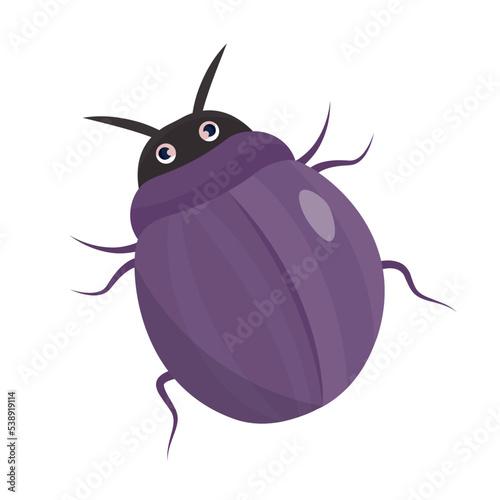 Cute violet beetle. Insect with hard shell. Biology and fauna, wild life. Sticker for social networks and messengers. Graphic element for printing on fabric. Cartoon flat vector illustration