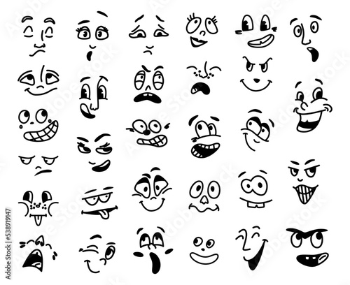 Emoji or emoticon  eye and face of cartoon character. Crying and cheering  laughing and smiling  scared and afraid  shy and modest. Vector in flat style