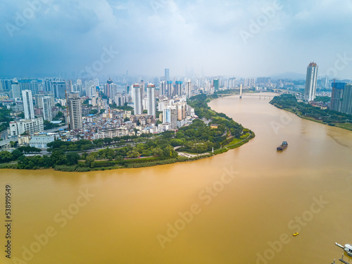 Prosperous high-rise buildings along the Yong River in Nanning, Guangxi, China