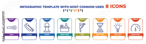 infographic template with outline icons. thin line icons such as ios 6, clamp, pawn, front desk, yell, sand timer, led light, regulator editable vector. can be used for web, mobile, info graph.