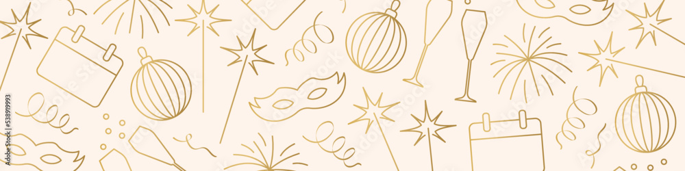 New Year Eve golden banner with champagne glasses, fireworks, sparklers, calendar, christmas ball and confetti- vector illustration
