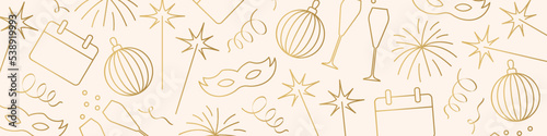 New Year Eve golden banner with champagne glasses, fireworks, sparklers, calendar, christmas ball and confetti- vector illustration