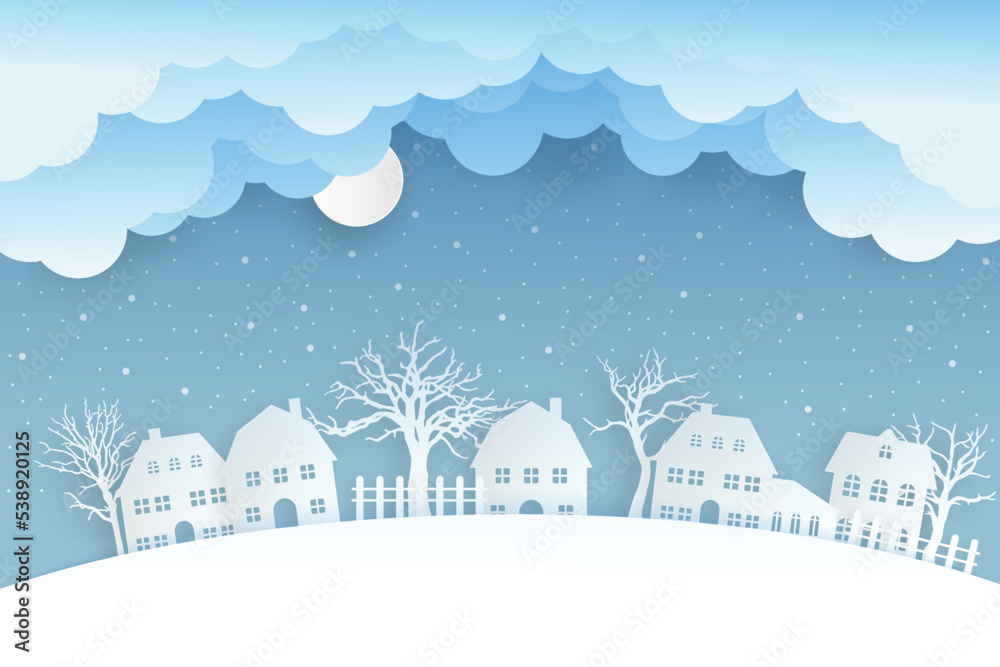 winter landscape with snow and trees. Santa Flying in the night on christmas. Winter lanscape with house, snow and tree. Paper cut vector design. The house in winter is covered with snow