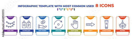 infographic template with outline icons. thin line icons such as garland, scorecard, give money, updated, stop hand, step 1, conditioner, picking editable vector. can be used for web, mobile, info