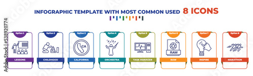 infographic template with outline icons. thin line icons such as lessons, childhood, california, orchestra, task manager, raw, inspire, marathon editable vector. can be used for web, mobile, info