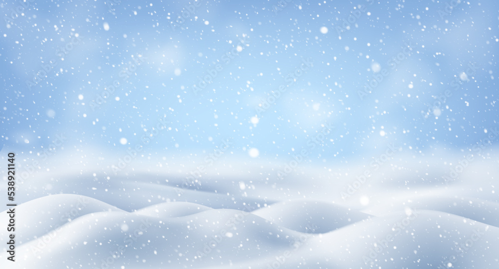Natural winter Christmas background with sky, heavy snowfall, Vector snowy landscape with falling New Year shining beautiful snow. Snowflakes in different shapes and forms, snowdrifts