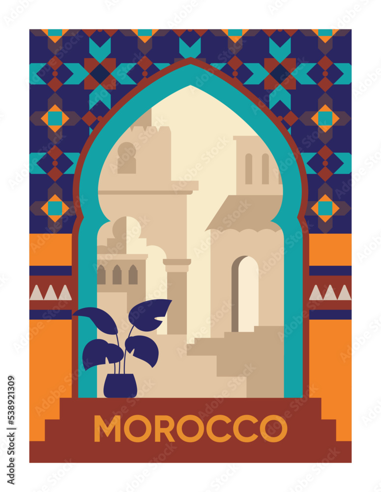 Morocco traditional poster. Window with traditional patterns and urban architecture of African country. Culture, ethnicity and religion. Graphic element for website. Cartoon flat vector illustration