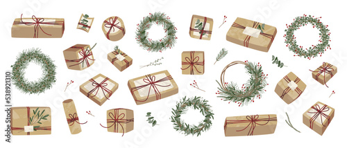 Christmas presents in kraft wrapping paper. Rustic craft gift box. Handmade decoration, DIY. Xmas and New Year celebration. Vector flat cartoon illustration