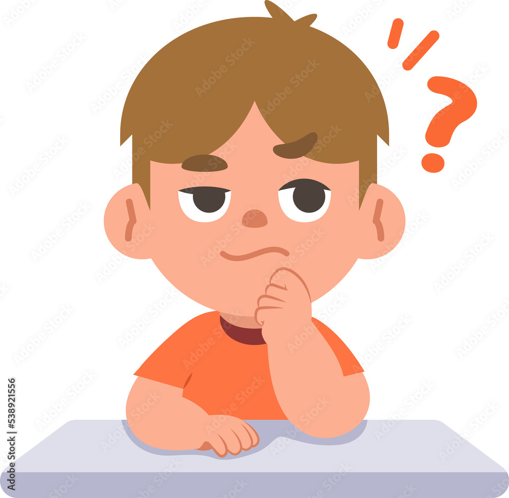 a white boy in doubt or have a question on the desk, illustration cartoon character vector design on white background. kid and education concept.