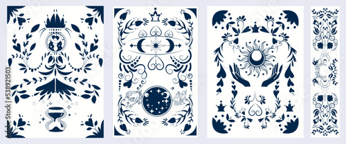 Set alchemical esoteric mystical magic templates for tarot cards, banners, leaflets, posters,brochures, stickers. Esoteric linear engravings with astrological symbol. Astrology celestial background.