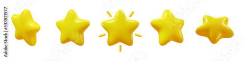 Set of rotating golden stars. Golden realistic award, applicable for gambling games, jackpot or video games illustration. Video game awards, ribbons. 3D vector illustration