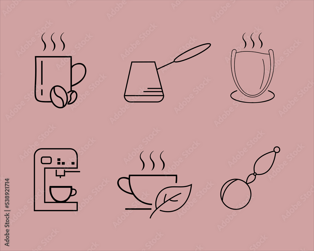 Coffee and tea thin line icons set isolated on black background. Trendy icons for web site, app, logo and restaurant menu. Collection of modern coffe and tea icons for print materials