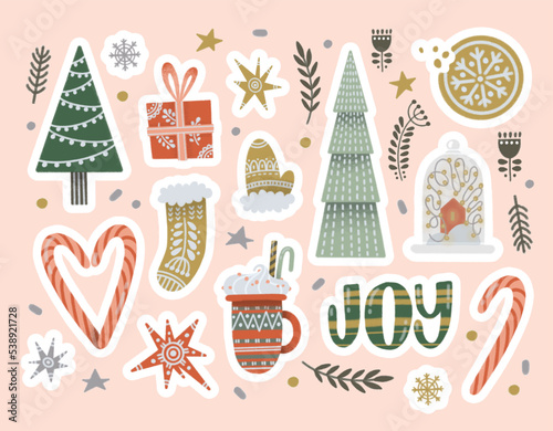 Christmas tree, candy cane and cacao mug rustic elements, set of stickers 