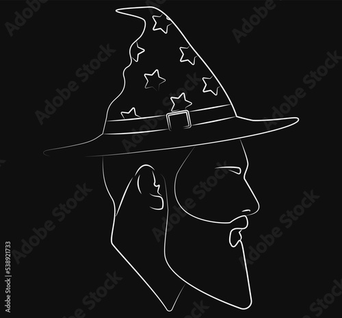 Silhouette. Portrait. Linear wizard with hat. Male head. Avatar. Magician. Man head silhouette. Bearded man. Man Flat illustration. Linear art.