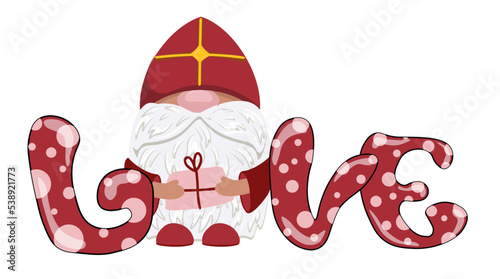 Character dwarf saint nicholas. Christmas gnome with the inscription love. St. Nicolas day.