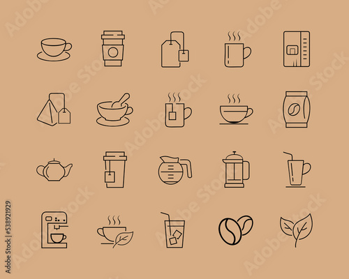 Coffee and tea thin line icons set isolated on black background. Trendy icons for web site, app, logo and restaurant menu. Collection of modern coffe and tea icons for print materials