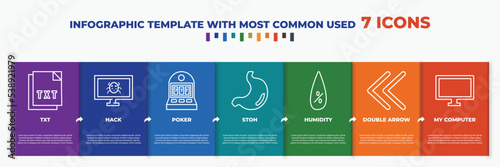 infographic template with outline icons. thin line icons such as txt, hack, poker, stoh, humidity, double arrow, my computer editable vector. can be used for web, mobile, info graph.