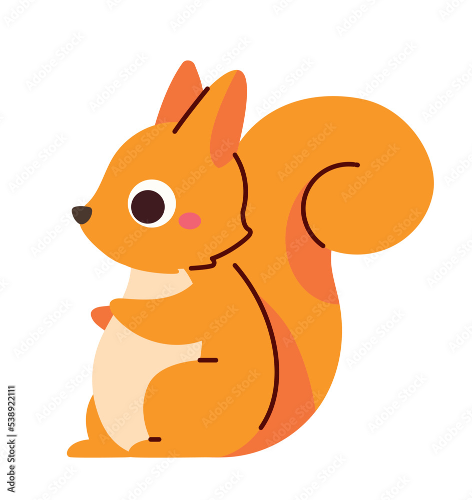 Cute orange squirrel. Forest and fluffy animal, Toy or mascot for children. Sticker for social networks and messengers. Fauna, wild life and biology, mammal. Cartoon flat vector illustration
