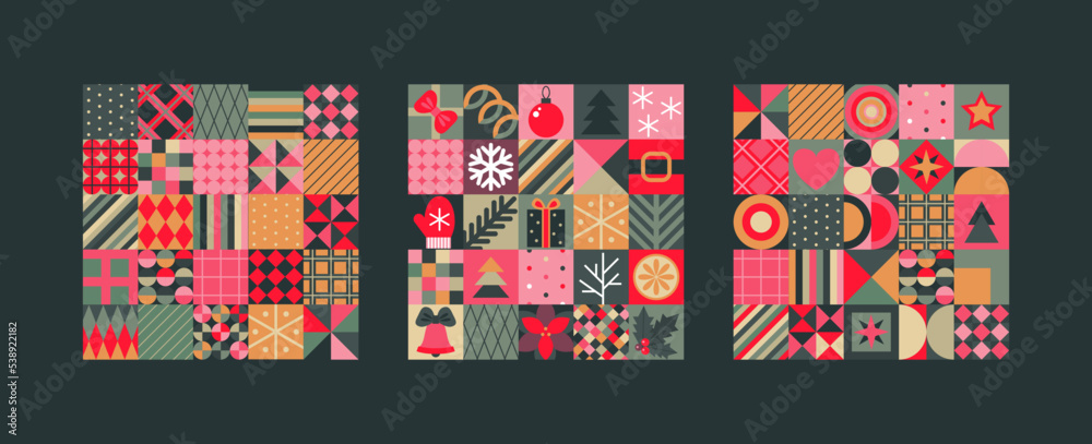 Set of three vector Christmas seamless patterns assembled from squares with Christmas symbols and geometric ornaments