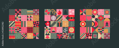 Set of three vector Christmas seamless patterns assembled from squares with Christmas symbols and geometric ornaments