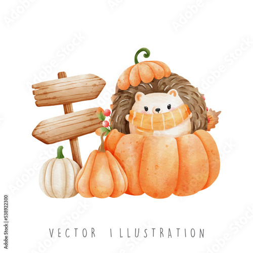 Autumn season, cute hedgehog , vector illustration