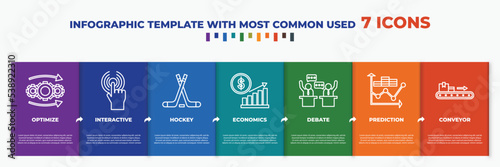 infographic template with outline icons. thin line icons such as optimize, interactive, hockey, economics, debate, prediction, conveyor editable vector. can be used for web, mobile, info graph.