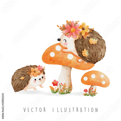 Autumn season, cute hedgehog , vector illustration