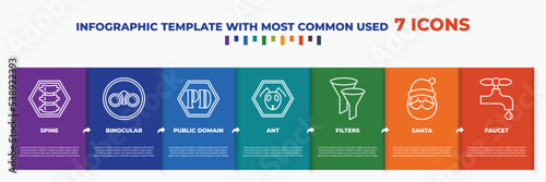 infographic template with outline icons. thin line icons such as spine, binocular, public domain, ant, filters, santa, faucet editable vector. can be used for web, mobile, info graph.