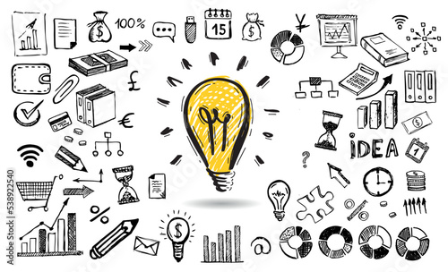 Management concept with Doodle design style. Hand drawn business symbols.	