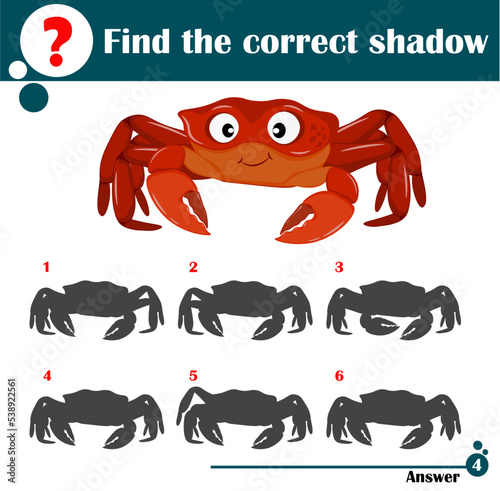 Educational game for children. Find the correct shadow. Cute crab