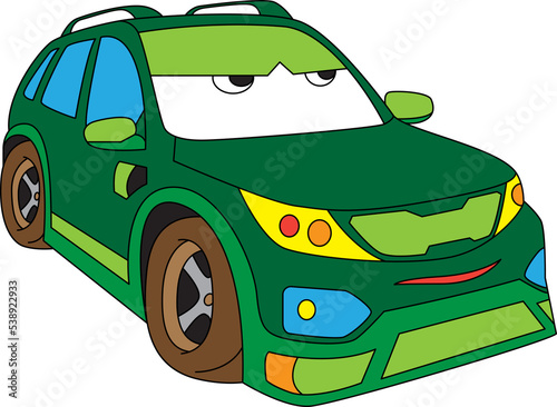 Cartoon big green jeep car  for boys. Small funny cute vehicle with eyes and mouth, funny smile auto icon.  Children color illustration. Comic character for kids