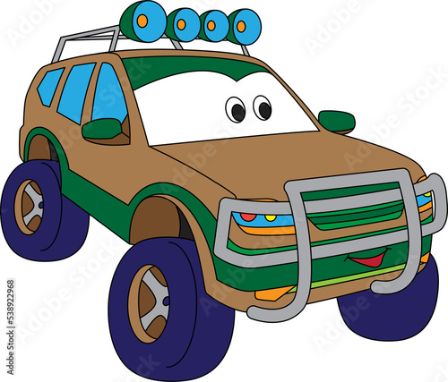 Cartoon jeep car with spotlights on the roof for boys. Small funny cute vehicle with eyes and mouth, funny smile auto icon.  Children color illustration. Comic character for kids