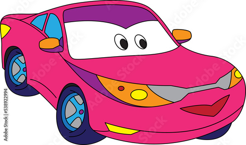 Cartoon pink  car sedan for girl. Small funny cute vehicle with eyes and mouth, funny smile auto icon.  Children color illustration. Comic character for kids