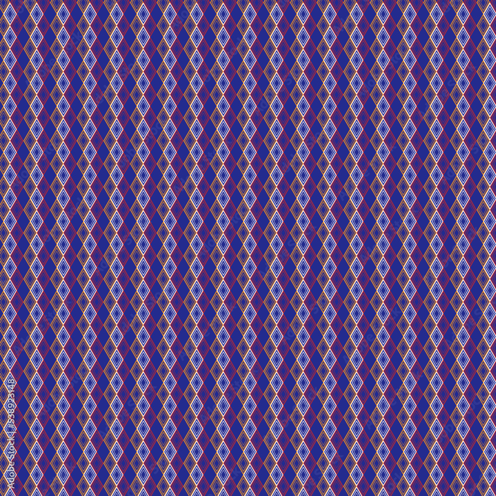 The fabric pattern is created from several multi-colored diamond squares placed next to each other on a blue background to create a beautiful pattern. Suitable for fabrics, textiles, curtains, garment The fabric pattern is created from several multi-colored diamond squares placed next to each other on a blue background to create a beautiful pattern. Suitable for fabrics, textiles, curtains, garment