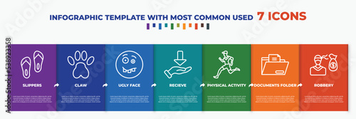 infographic template with outline icons. thin line icons such as slippers, claw, ugly face, recieve, physical activity, documents folder, robbery editable vector. can be used for web, mobile, info