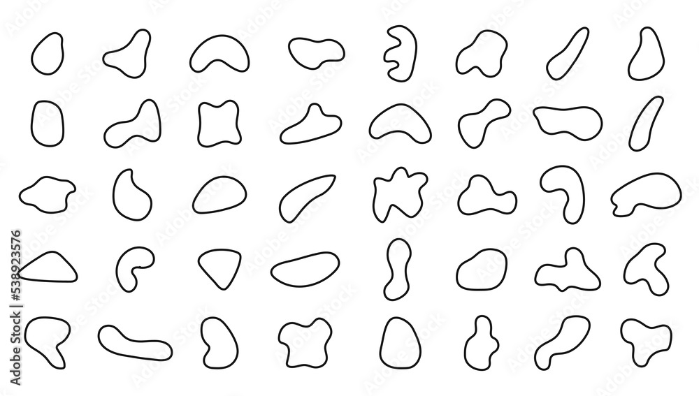 Irregular organic shapes. Abstract outline pebble. Random blobs. Amorphous smooth circles. Black asymmetric stones. Vector