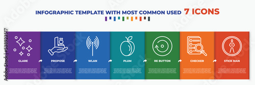 infographic template with outline icons. thin line icons such as glare, propose, wlan, plum, re button, checker, stick man editable vector. can be used for web, mobile, info graph.