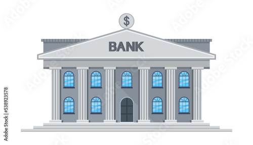 Bank building. Financial institute. Icon of courthouse. House of money government. Architecture with facade, columns and sign. Office of public finance. Flat isolated illustration. Vector