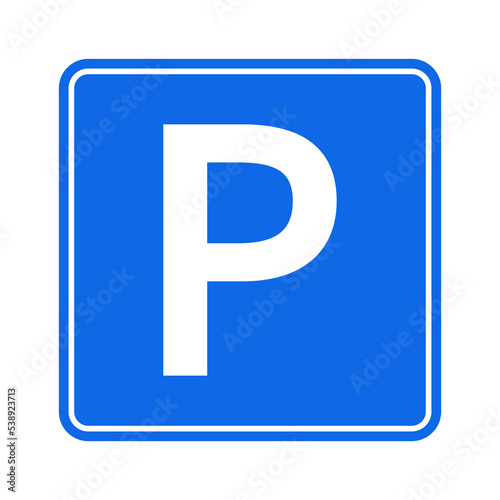 Park sign. Icon of parking lot. Blue symbol for information on road. Sign for car, traffic and place of P. Square isolated symbol on white background for regulation of transport. Vector