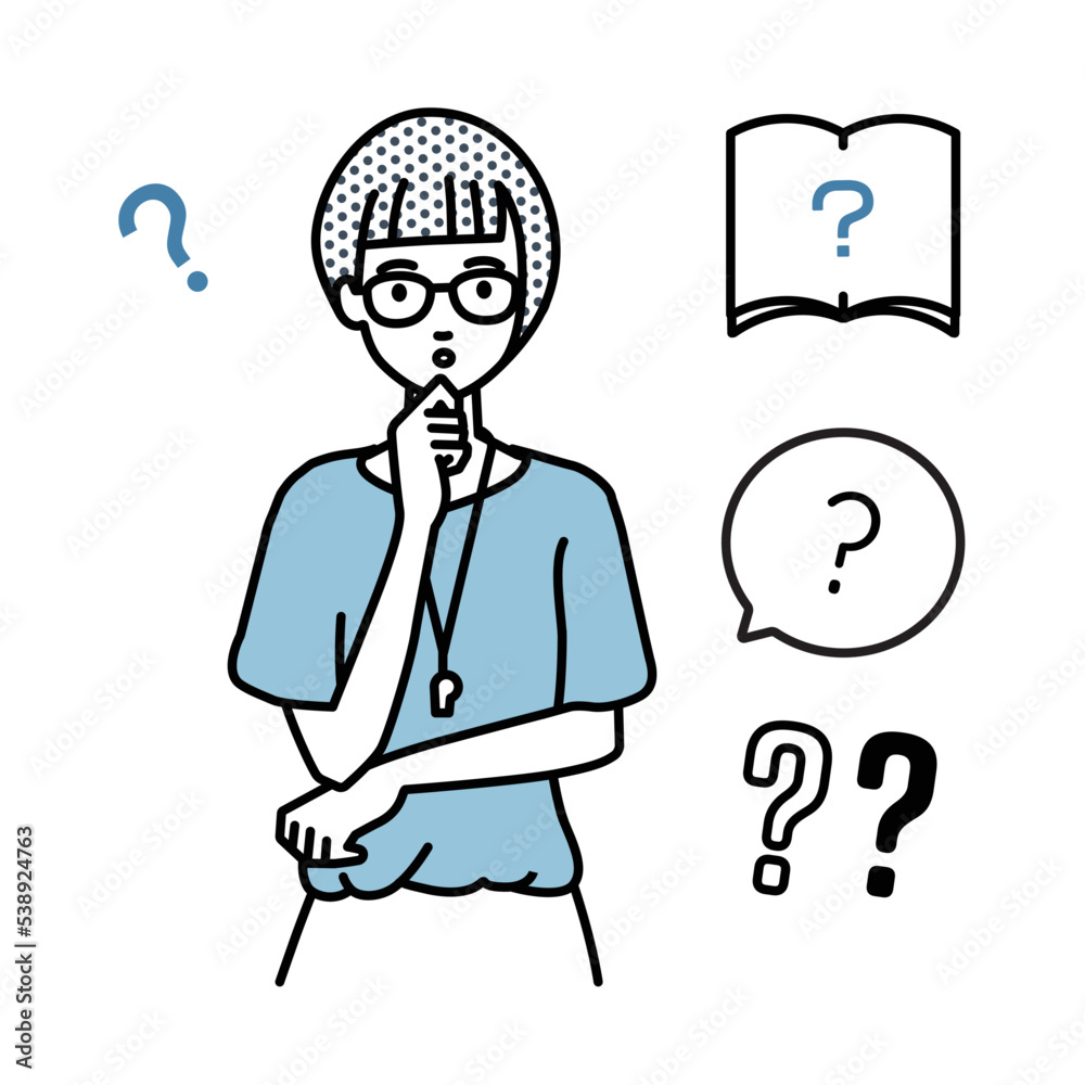 立って手をあごにあてて疑問を感じている教師の女性 クエスチョンマークのセット