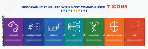 infographic template with outline icons. thin line icons such as handcuff, emergency exit, jackpot, ivr, carnation, security shield, rub editable vector. can be used for web, mobile, info graph.