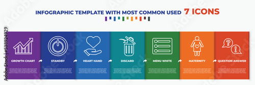 infographic template with outline icons. thin line icons such as growth chart, standby, heart hand, discard, menu white, maternity, question answer editable vector. can be used for web, mobile, info