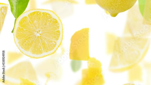 Lemon fruit pieces, slices and leaves being moved downwards isolated on white. Seamless looping. High quality 4k video.