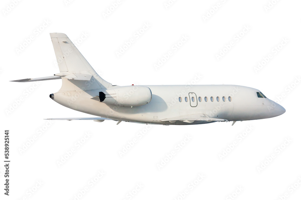 White modern luxury business jet flies isolated on transparent background