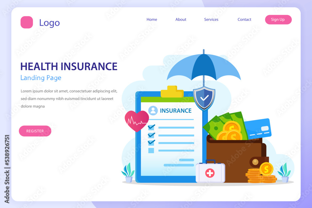 Health insurance concept. Big clipboard with document on it under the umbrella. vector illustration Health insurance concept. Big clipboard with document on it under the umbrella. vector illustration