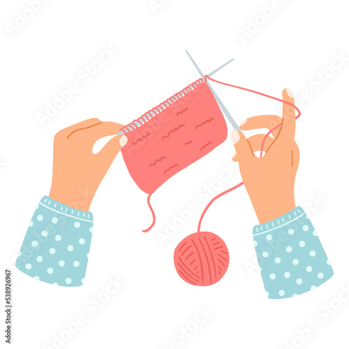 Hands hold knitting needles and yarn. Hand drawn vector illustration of knitting process, concept of hobby, leisure time