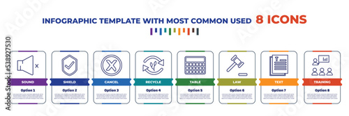 infographic template with outline icons. thin line icons such as sound, shield, cancel, recycle, table, law, text, training editable vector. can be used for web, mobile, info graph.