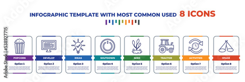 infographic template with outline icons. thin line icons such as popcorn, develop, ideas, shutdown, seed, tractor, activities, stage editable vector. can be used for web, mobile, info graph.