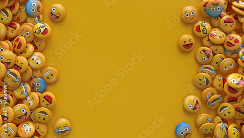 3D rendering of a bunch of emojis with faces with different emotions with centered copy space.